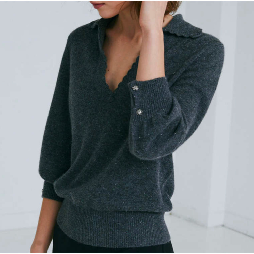 Charcoal V-Neck Scallop Collar Sweater - Women's